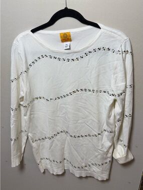 Ruby Rd. White Crewneck Sweater with Sequin Wave Accents